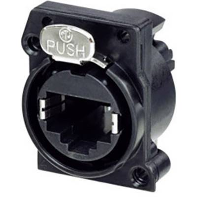 A black RJ45 network plug in an enclosure, with a button marked 'PUSH' for easy removal.