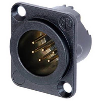 A black, round electrical plug with six golden contacts, mountable with two screw holes.
