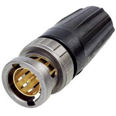A black and metallic plug adapter, cylindrical in shape, with several golden contact pins inside.