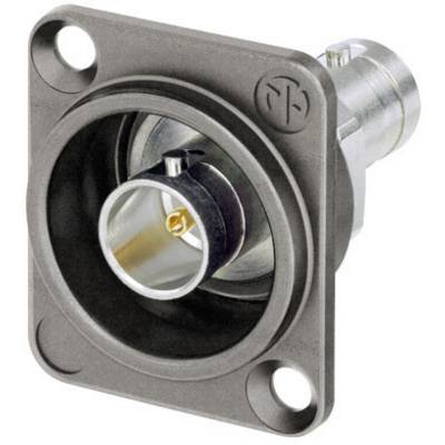A coaxial connector in a rectangular metal housing with four mounting holes.