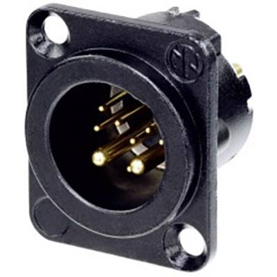 'Black XLR plug with five gold-plated pins, for audio or lighting connections.'