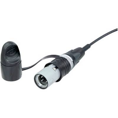 An XLR plug with cable and protective cap, commonly used for professional audio connections to connect microphones or speakers.