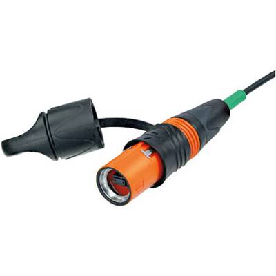 An orange and black electrical plug with a protective cover on a white background.