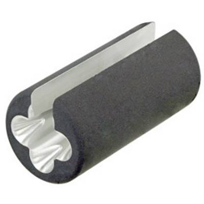 A grey pencil sharpener with a metal blade and curved opening.