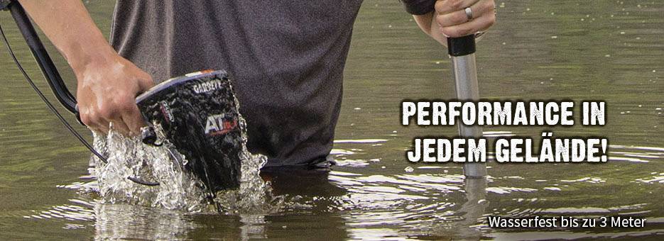 Text: 'Performance in any terrain!' and 'Waterproof up to 3 metres'.
