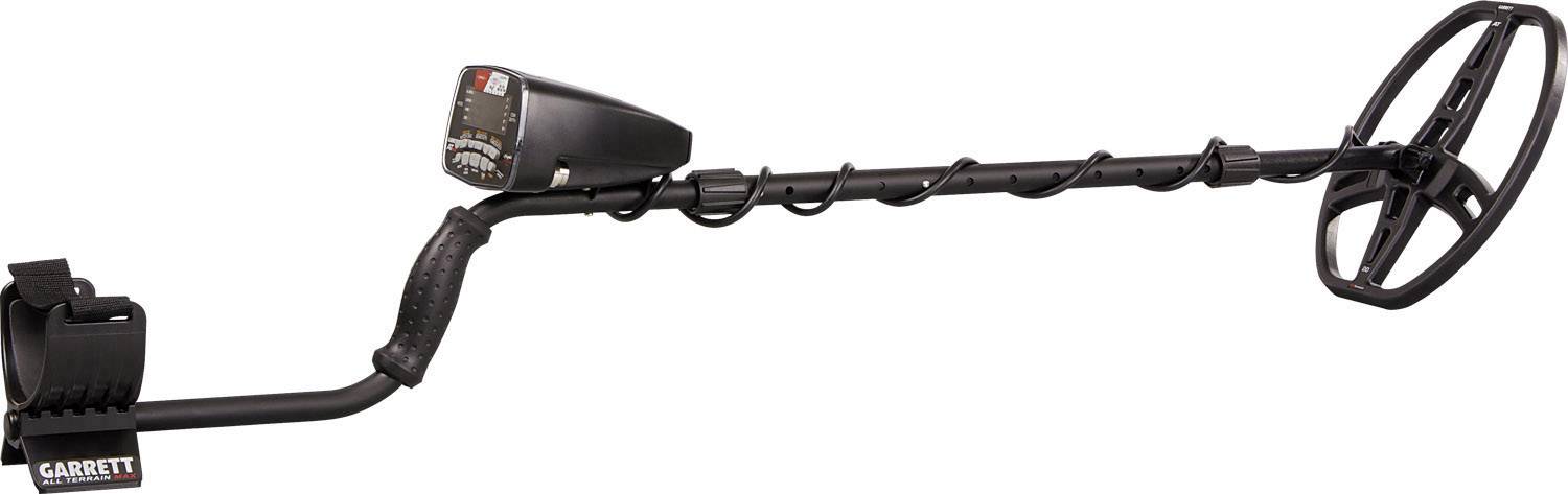 A black metal detector with an ergonomic handle and a large coil. Suitable for searching for metal objects in the ground.