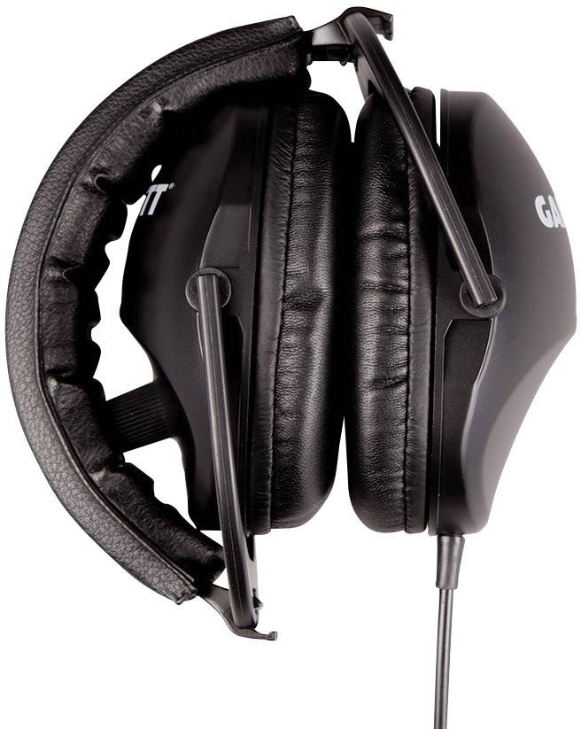 Black, folded headphones with padded ear cups and visible cable; marked with a logo.