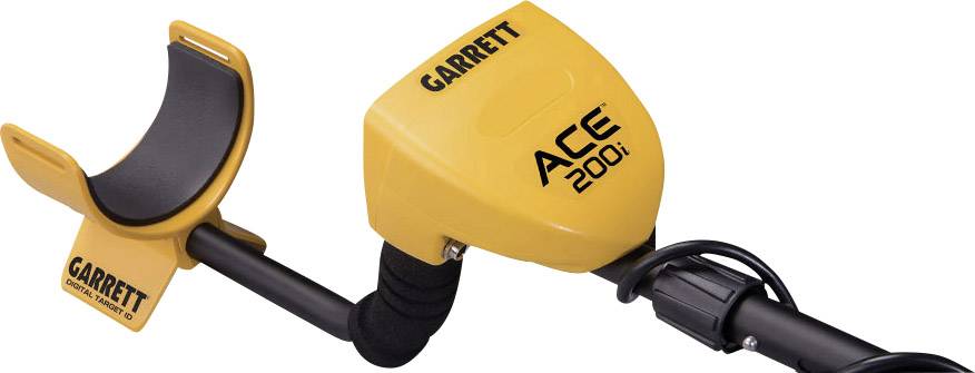 'Garrett ACE 200i' Metal Detector in Yellow with Arm Support and Display, designed for Treasure Hunting and Detection of Metal Objects.