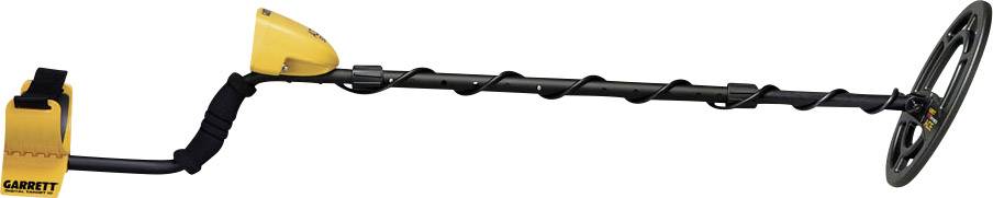 A metal detector with a yellow casing and black search arm. It is used to locate metal objects in the ground.