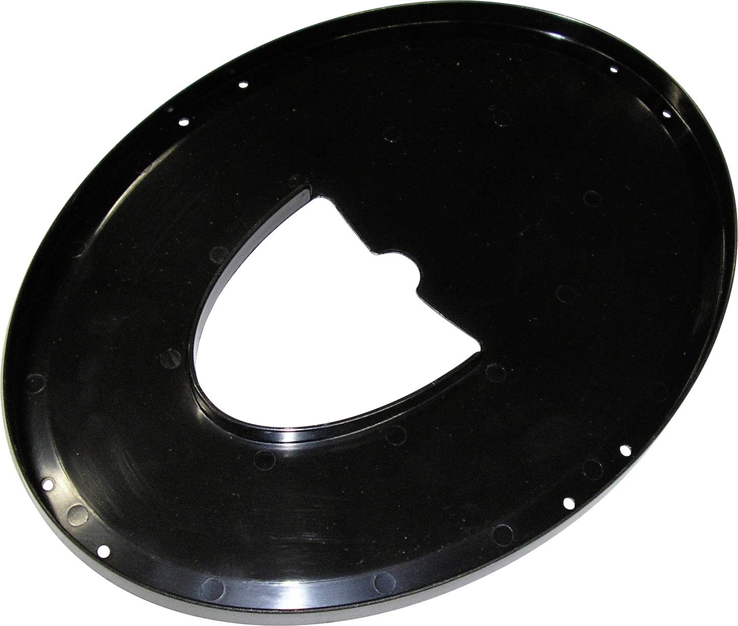 An oval, black metal sheet with a cut-out, shield-shaped area in the centre.