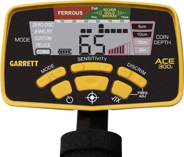 A metal detector screen displays '65'. Indication of five modes: Jewellery, custom, relics, coins, and Zero-Disc.