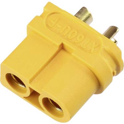 Gelber XT60U-F connector with two sockets and two pins, used for electrical connections in model-building applications.