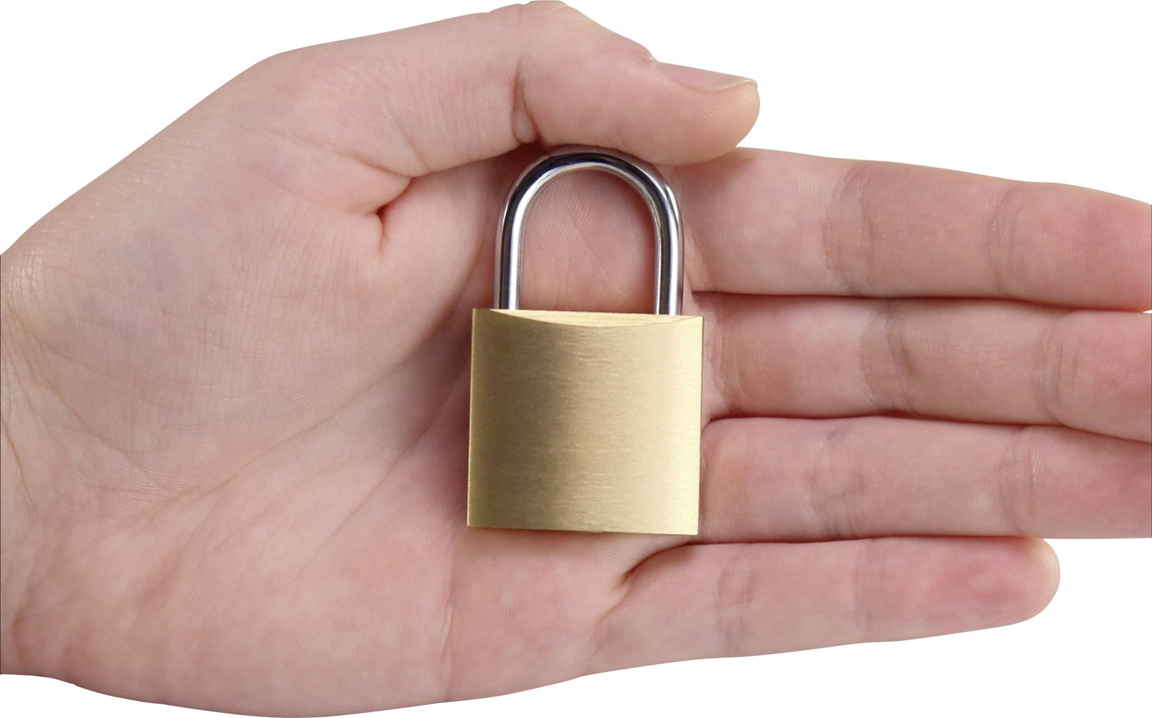 A hand is holding a small, closed padlock made of metal.