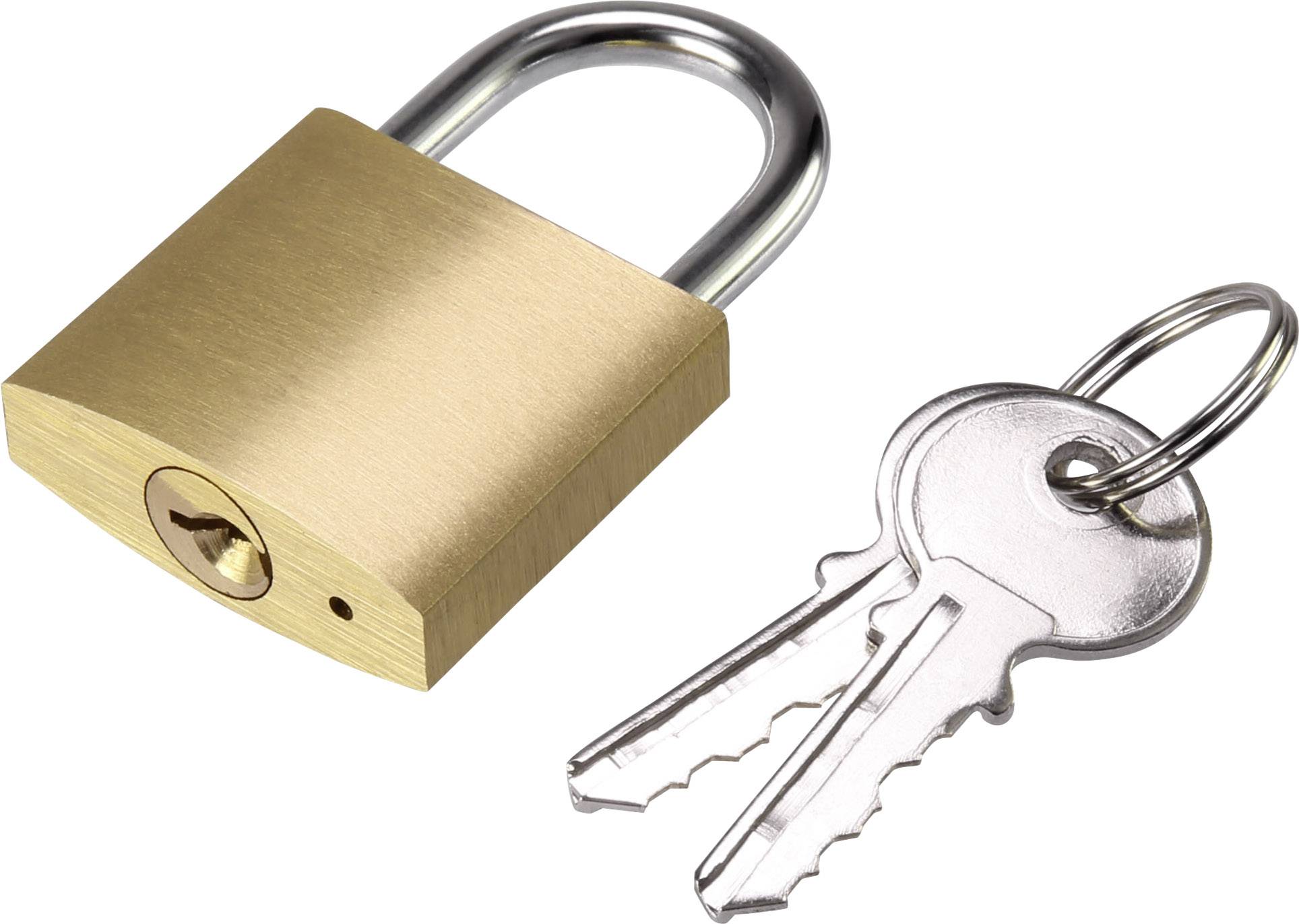 A golden padlock beside two silver keys on a white background.