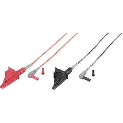 Two cables with crocodile clips, one red and one black, each with a corresponding plug adapter, are lying side by side.