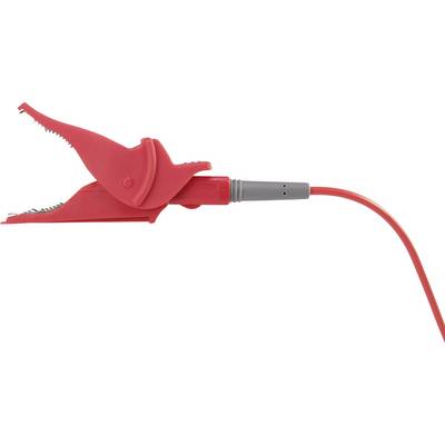 Red crocodile clip for connecting to battery terminals, commonly used in vehicle battery chargers.