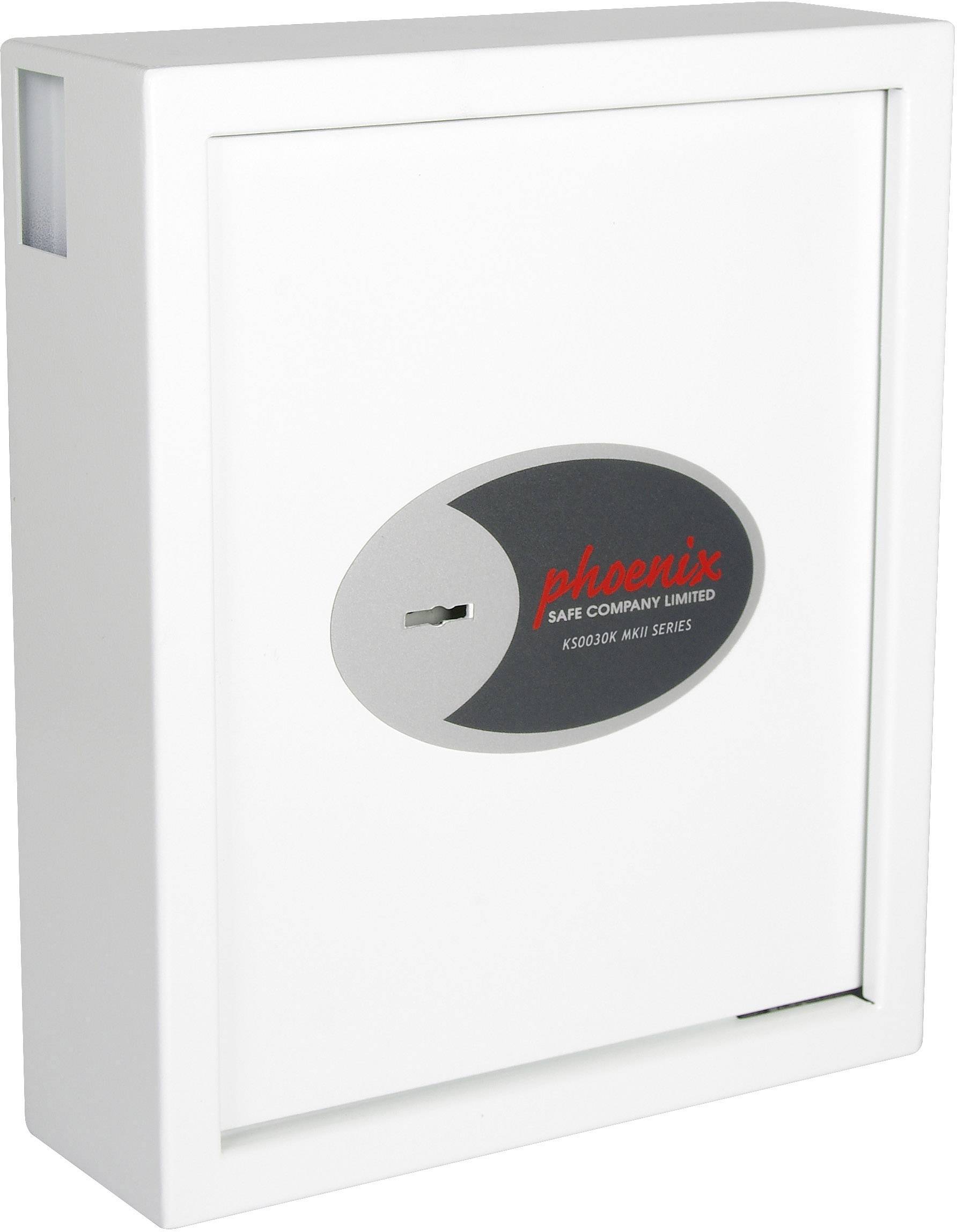 A white key safe from Phoenix Safe Company Limited with a simple lock, suitable for securely storing keys.