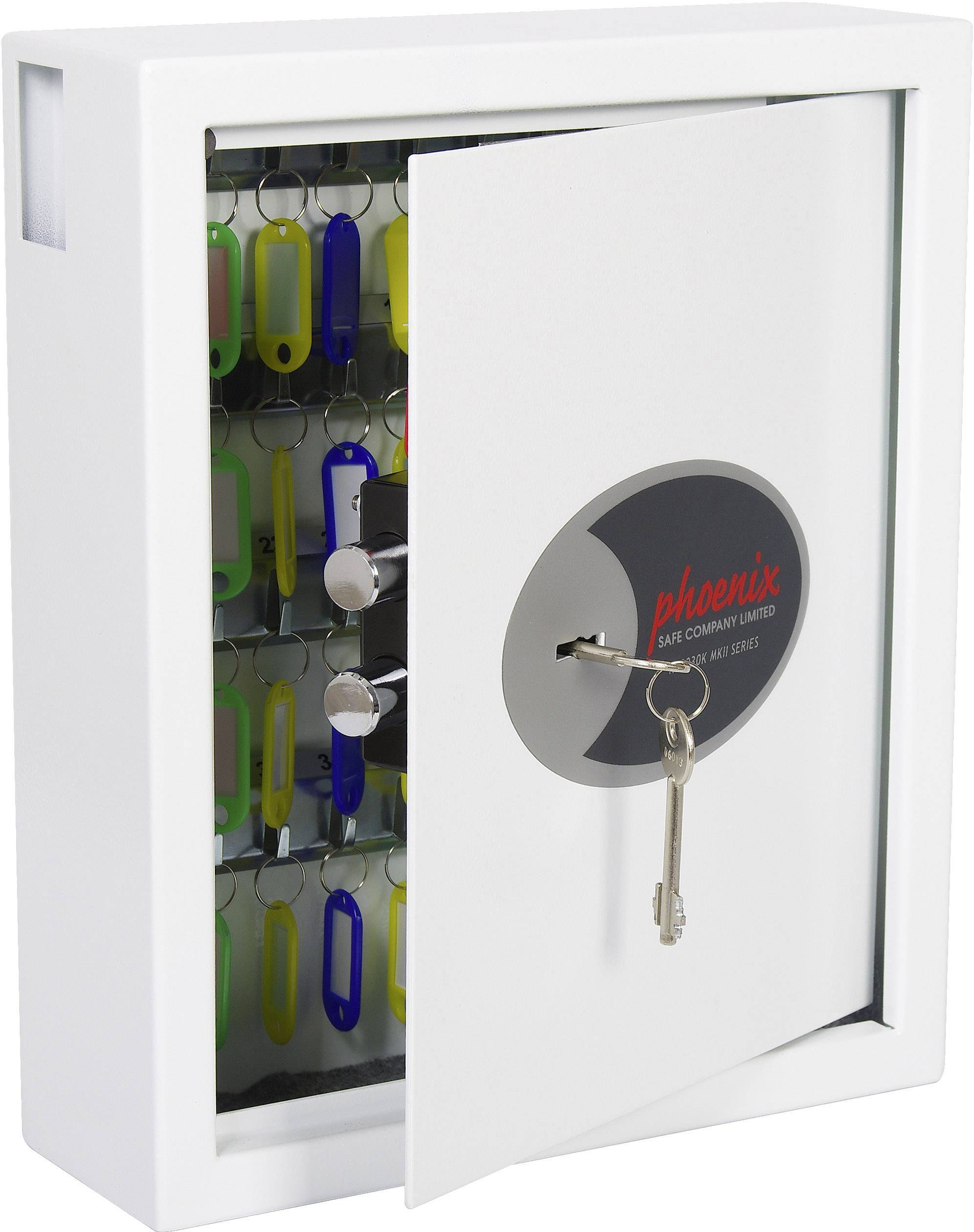 White key cabinet with an open door. Inside, several coloured key fobs with keys are hanging. One key is inserted in the lock.