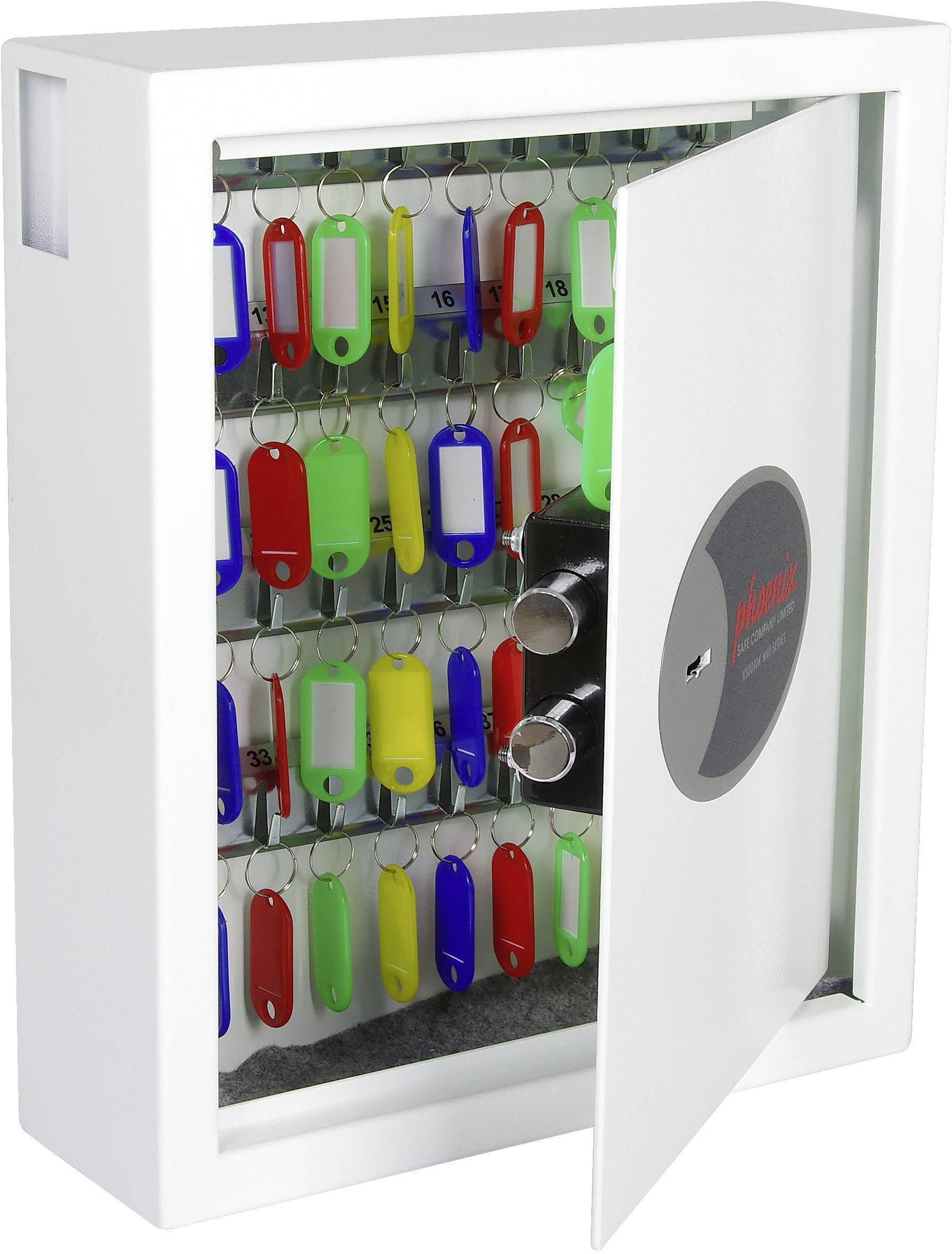 An opened white key cabinet with numerous colourful key fobs. The safe displays a combination of numerical locks.