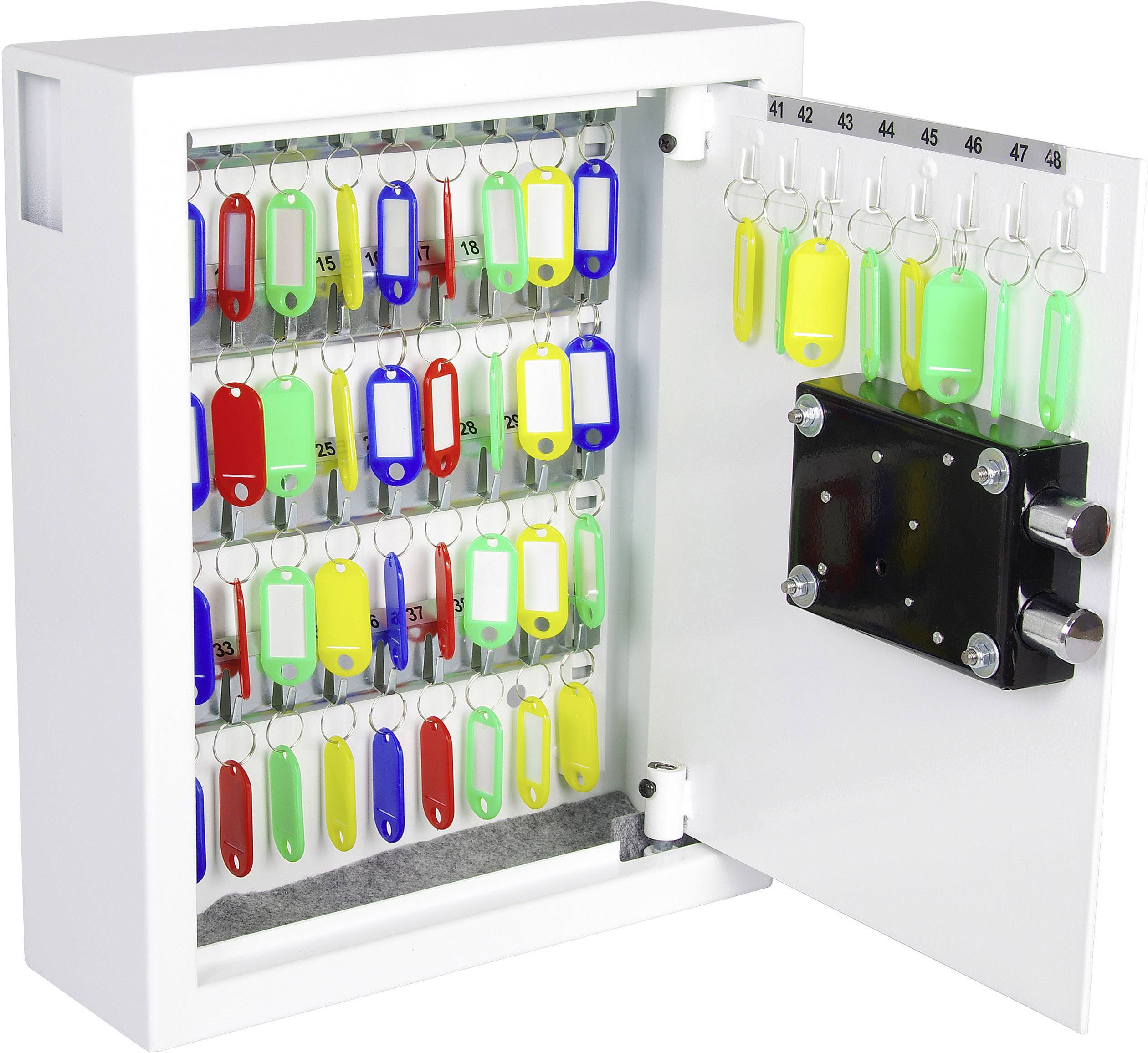 An open key cabinet with numerous colourful, numbered key tags. The door of the cabinet displays a list of numbers from 1 to 50.