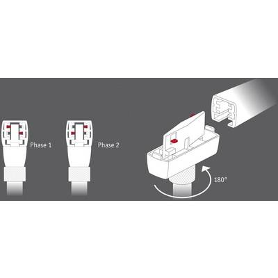 Diagram shows the installation of a cable connection in two phases. Phase 1: Insert cable. Phase 2: Close housing by rotating 180 degrees.