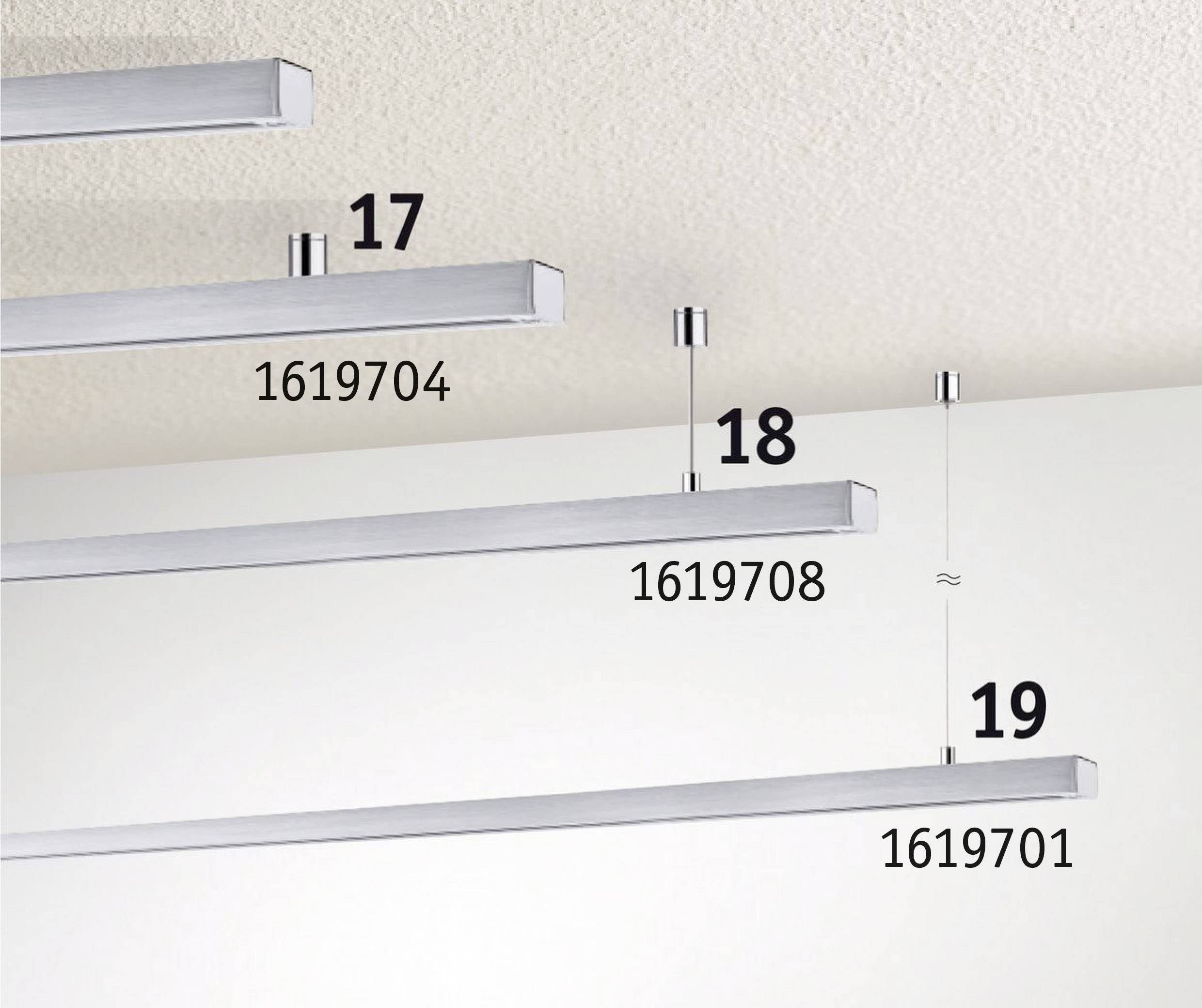 Pendant lights in various lengths and markings: '1619704' (17), '1619708' (18), '≈', '1619701' (19) mounted on a ceiling.