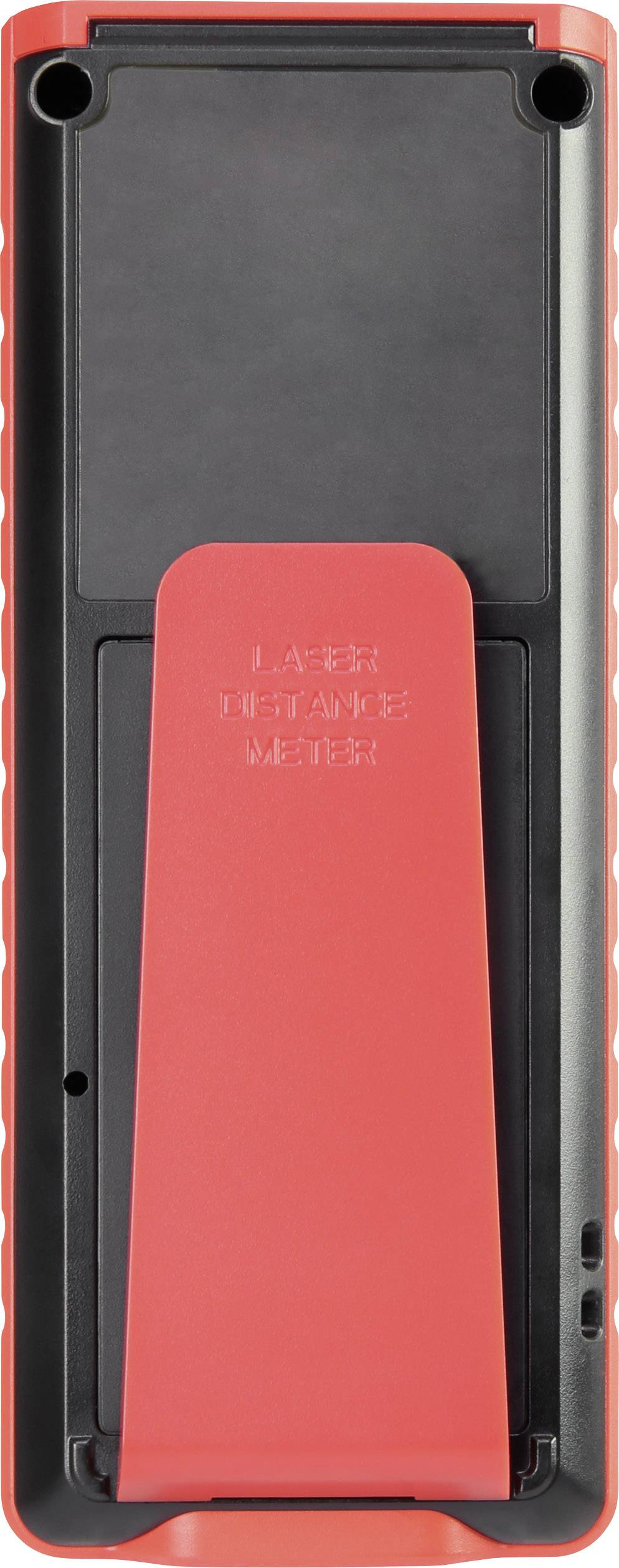 Back of a red and black remote control with a folding stand in the middle.