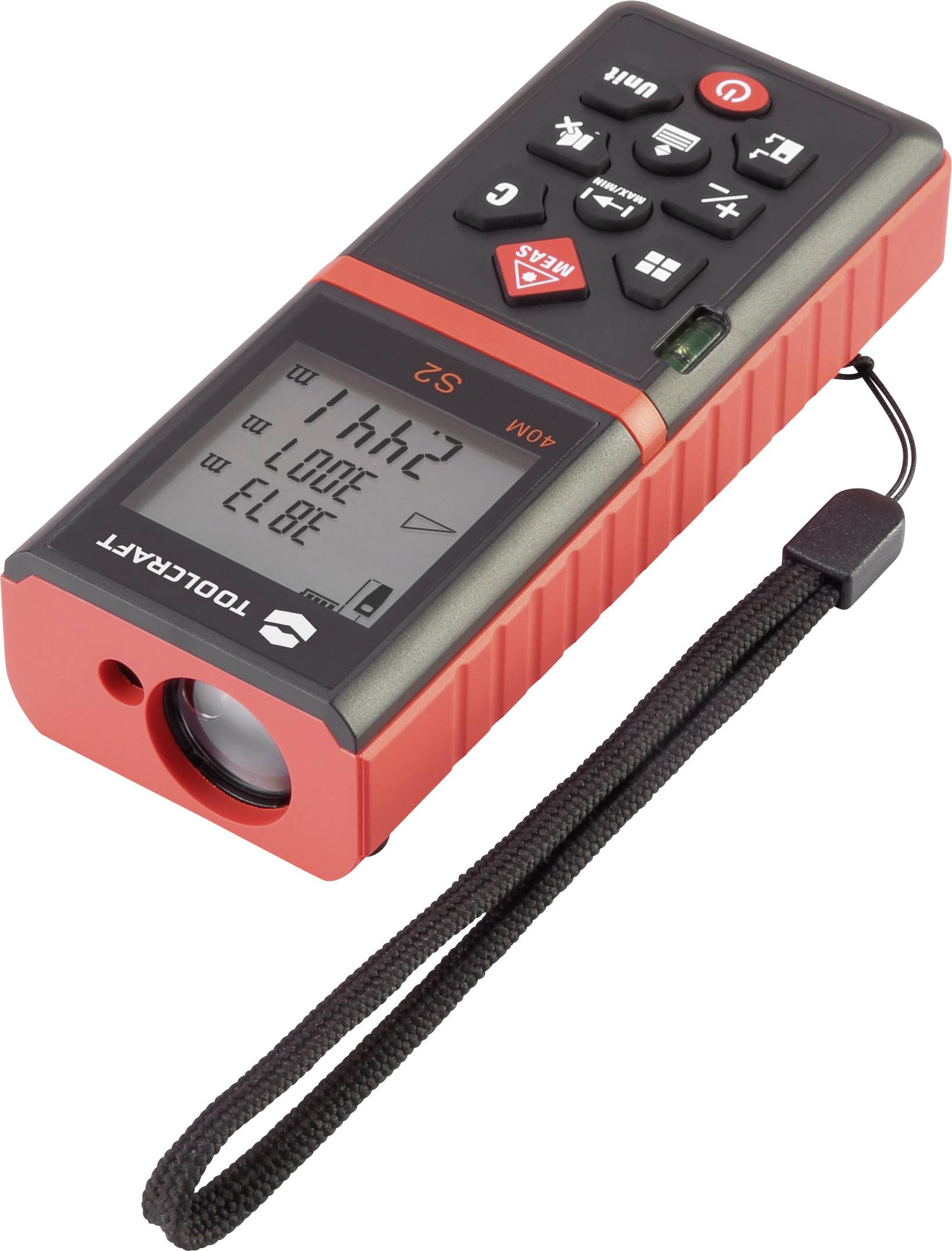 Digital laser distance metre with red casing, LCD display and control buttons. Displays measurement values and comes with a hand strap.