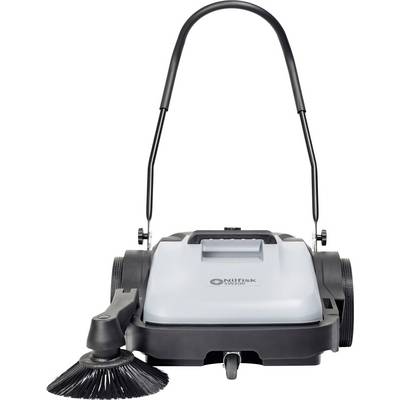 Manual sweeping machine with two wheels and a rotating brush, ideal for cleaning pavements and driveways.