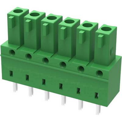 Green, six-pole connector with screw terminals for PCB mounting. Suspended design with six vertical pins.