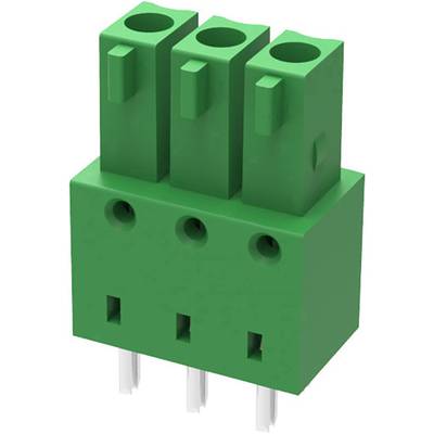 Three-pole green circuit board connector, with three pins on the underside and three wire openings at the top.