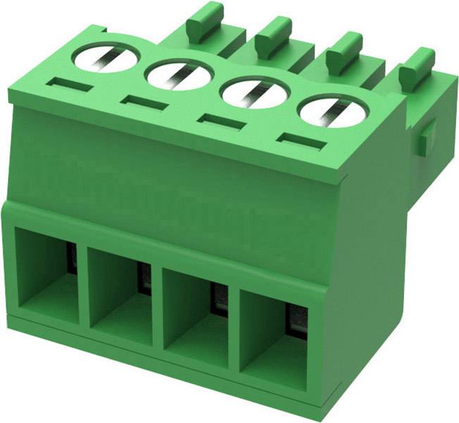 Green, four-pole connector block for electrical connections, with clamping mechanism for secure cable retention.