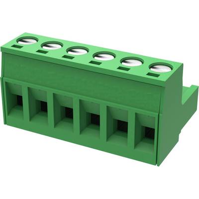 Green electrical connector with six terminal blocks, for connecting cables in electrical circuits.