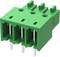 Green, three-pin electrical connector for electronic devices. It displays three openings and metal pins for mounting.