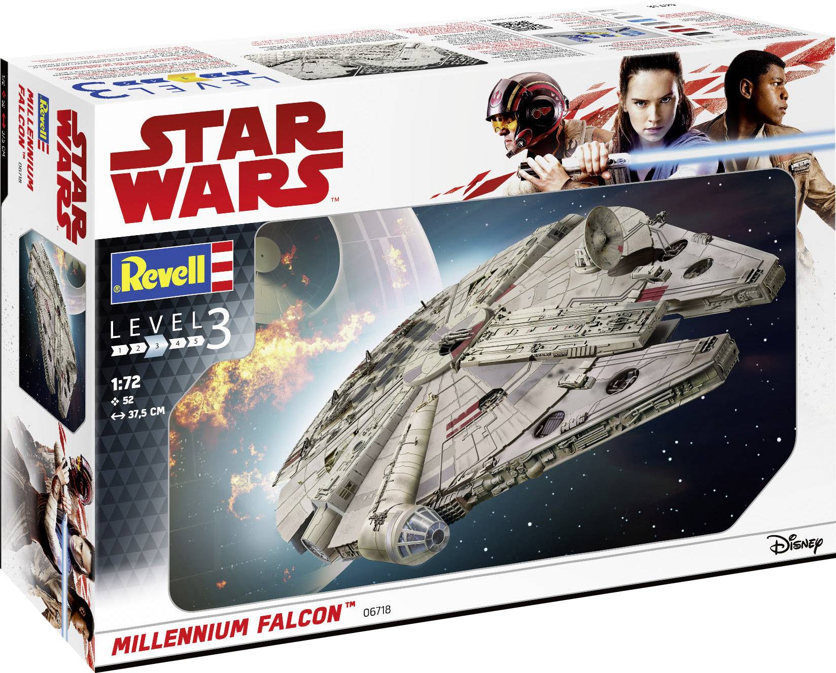'Star Wars Millennium Falcon Model Kit by Revell, Level 3, Suitable for Ages 10+, Scale 1:72, Length 37.3 cm. As shown on packaging.'