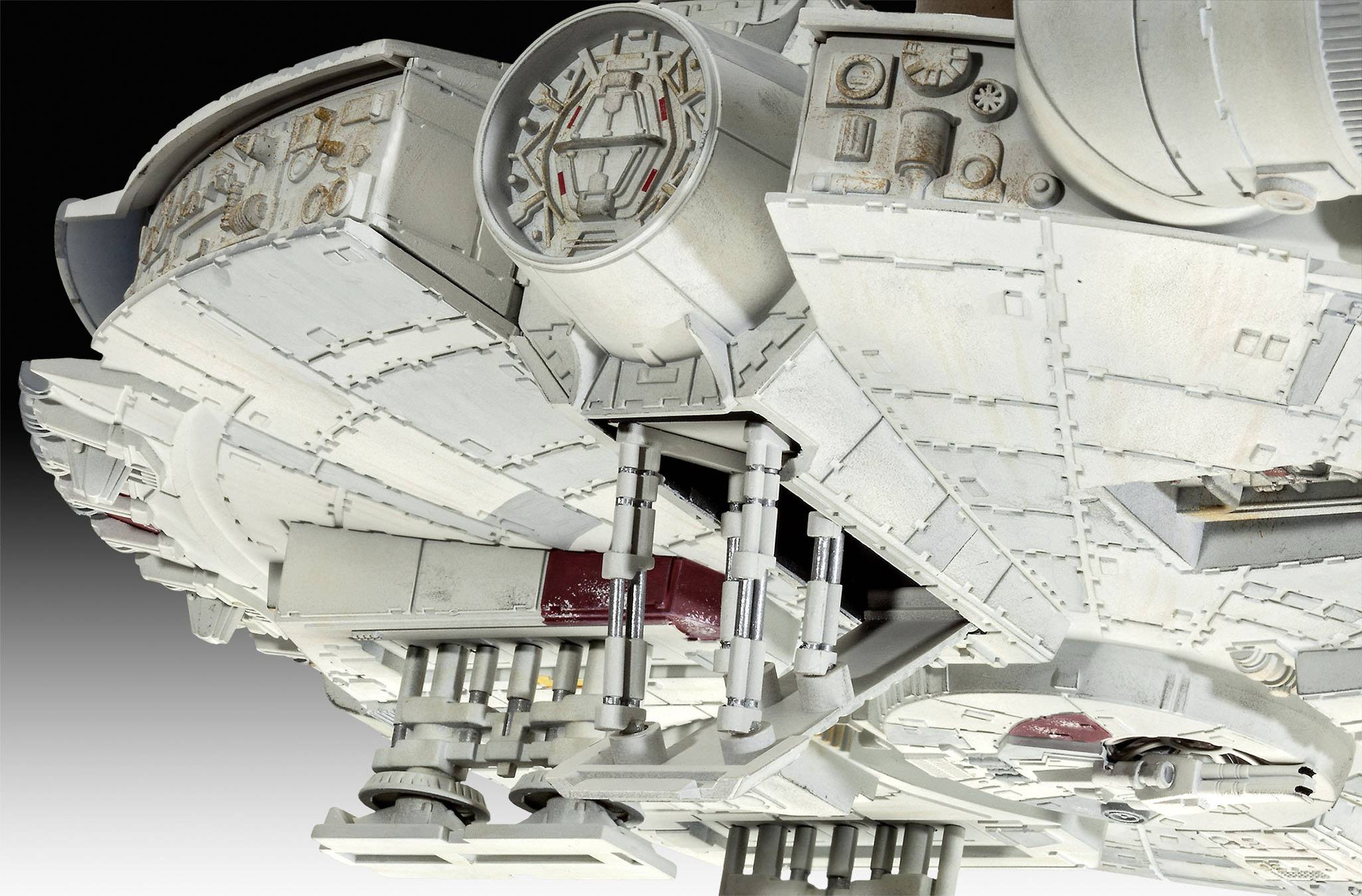 Close-up of a detailed spacecraft showcasing sci-fi technology. Main structure in grey tones with a red accent.