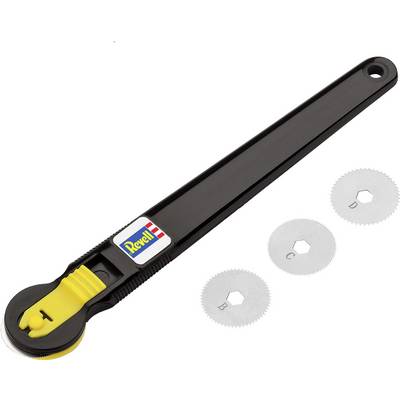 A cutting tool with a yellow handle and three interchangeable blades. Ideal for precise cutting of materials.