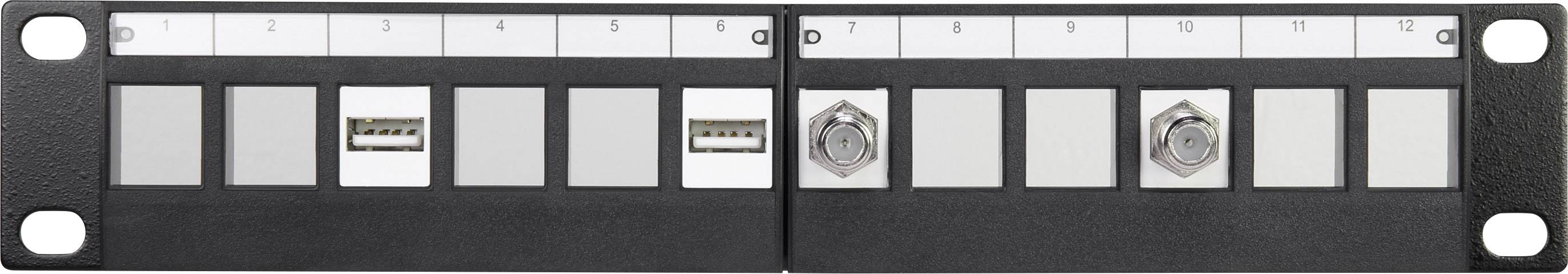 A black panel with numbered slots, each featuring USB and coaxial connections in a row.