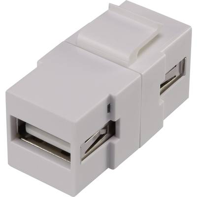 A USB keystone module adapter with USB-A sockets on both sides, used for integrating USB ports into computer and network infrastructure.