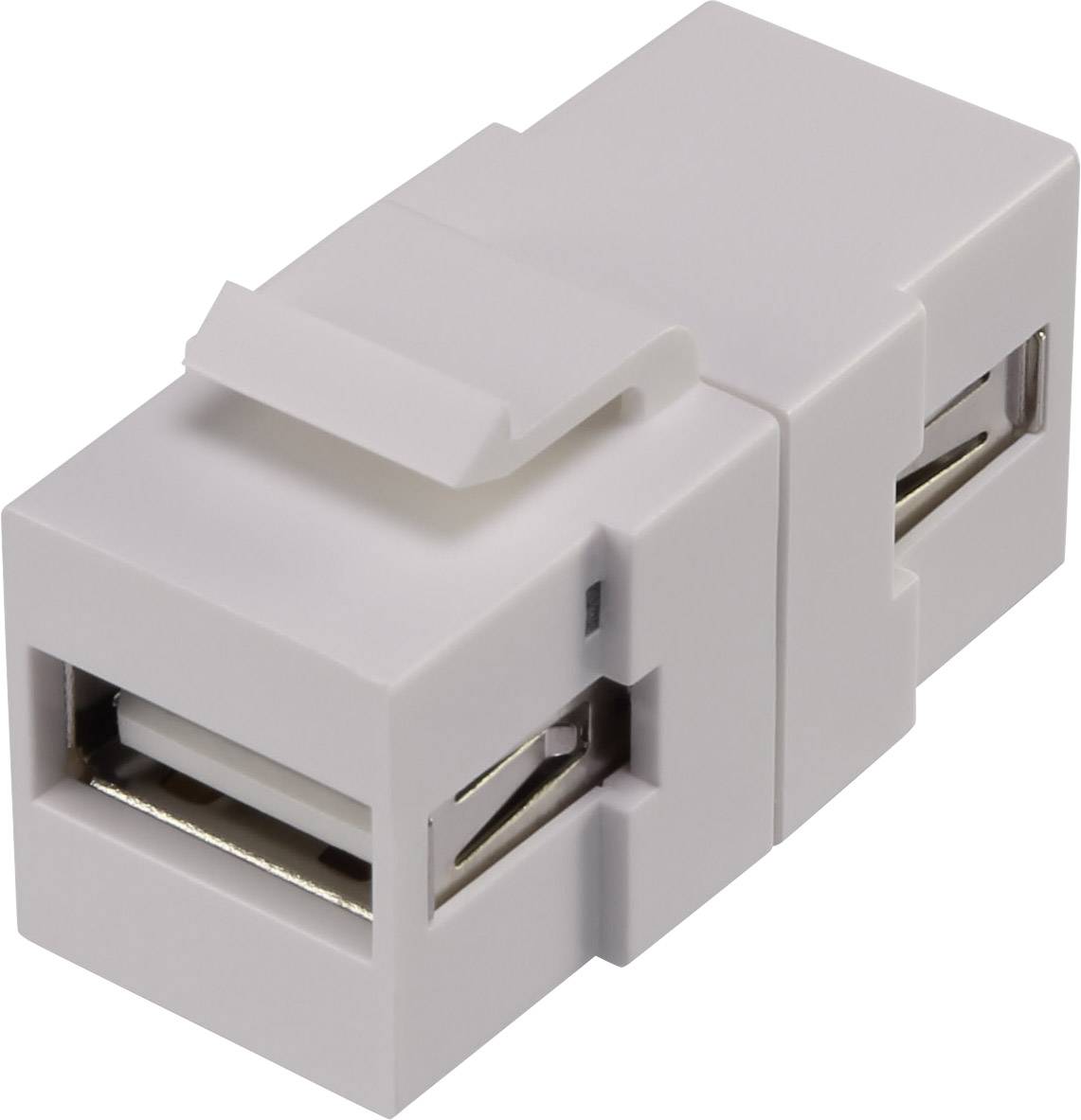 A white USB coupling adapter with two USB ports that enables device connections.