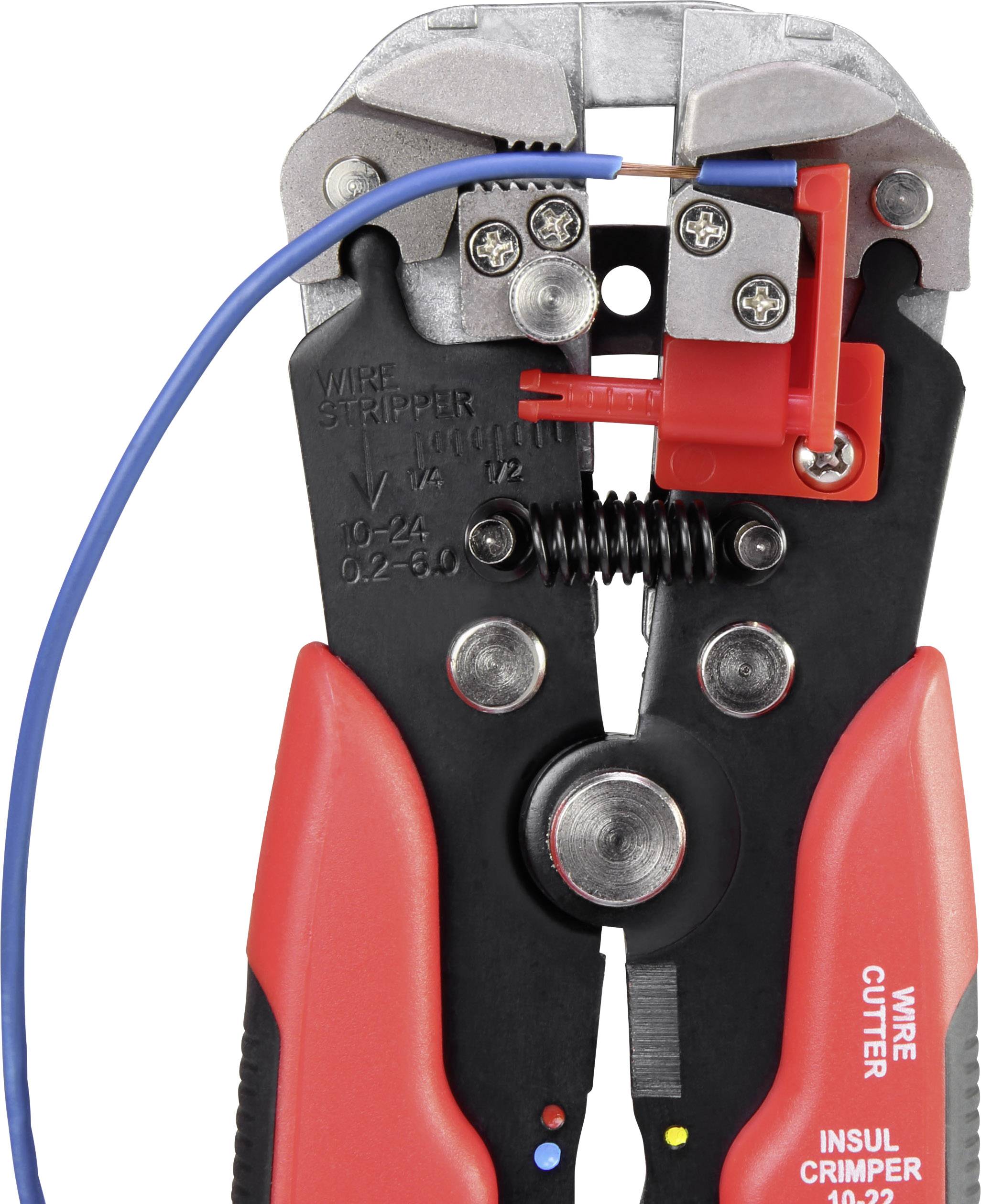 Wire strippers close-up, used for stripping and cutting cables, with red and black handles and blue cable.