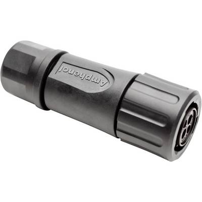 A black, cylindrical electrical plug by Amphenol, likely waterproof, with a ribbed grip and multiple contact points.