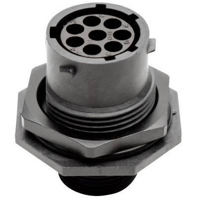 Black, round connector with multiple circular socket positions, suitable for industrial cable connections.