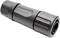 A black cylindrical Amphe-connect plug with a ribbed casing lies on a white surface.
