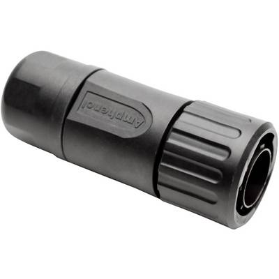 Black plastic cable connector with ribbed grip and 'Amphenol' lettering. Suitable for electrical connections.