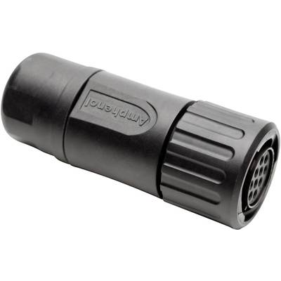 A black round plug with distinctive ribbing at one end, featuring a prominent 'Amphenol' logo, suitable for electronic connections.