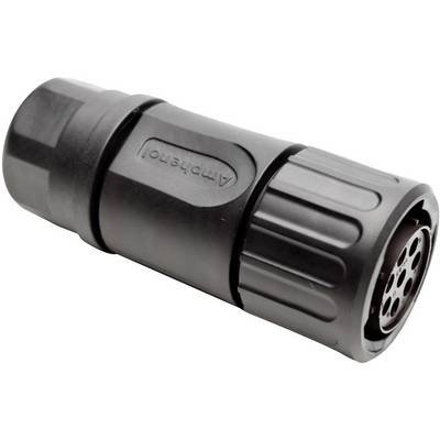A black, cylindrical connector, possibly intended for industrial applications, with multiple connection points on one side.