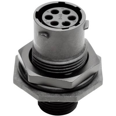 A round electric plug with six holes in a metal casing. Suitable for industrial applications.