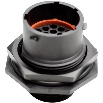 The connector features a round, black plastic casing with multiple openings and an orange sealing ring inside.