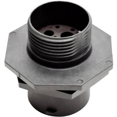 Black, cylindrical plastic casing with threading, likely part of a machine component or connector in a technical context.